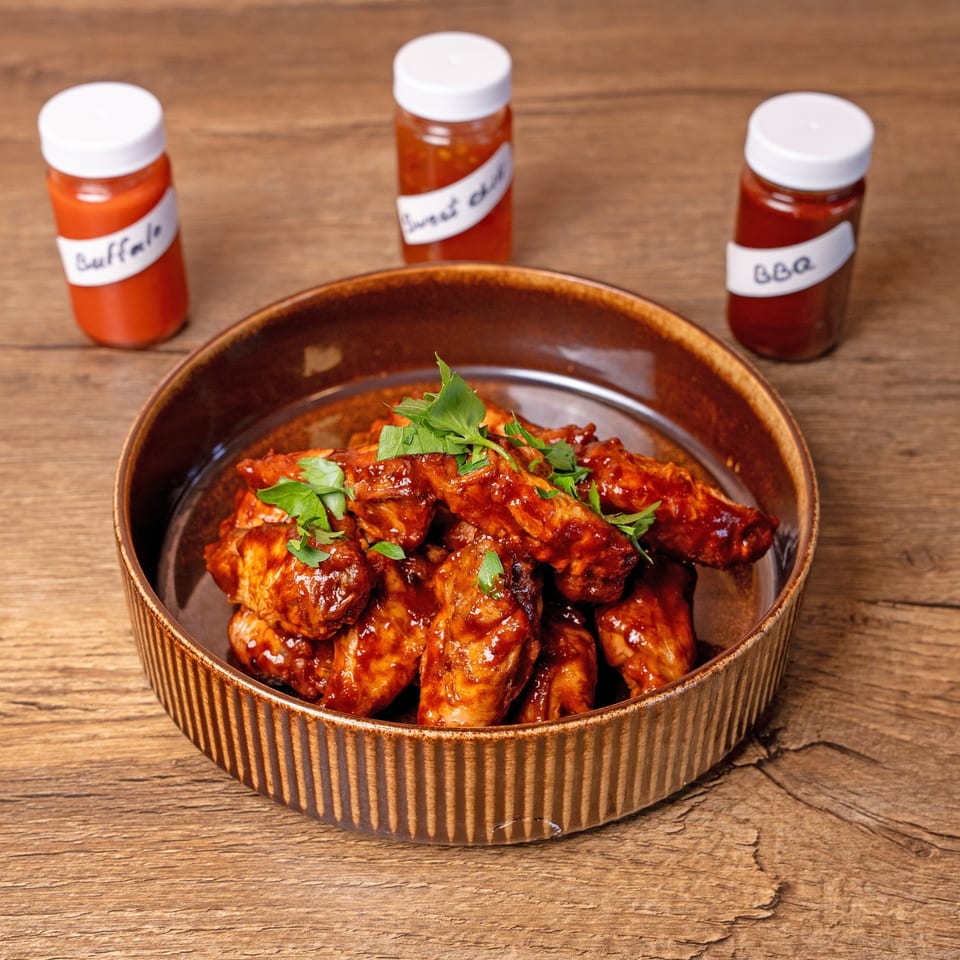 Glazed chicken wings in a brown bowl, garnished with parsley, with three sauce bottles behind.